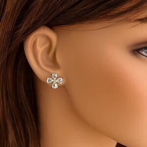 Gold Floral Design Cubic Zirconia Crystal Stud Earrings - Womens Fashion Jewelry